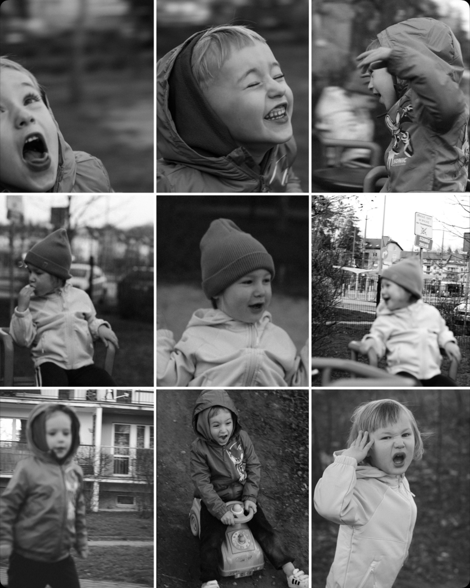 Czarno-biały kolaż dziewięciu zdjęć dziecka w różnych pozach i sytuacjach na placu zabaw, obejmujący ujęcia z bliska twarzy i sylwetki w ruchu.