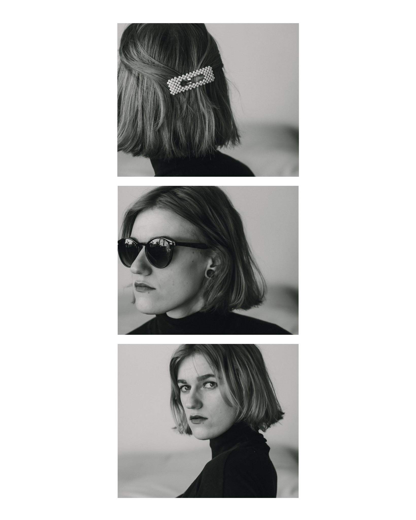 Czarno-białe portretowe kolaże kobiety z krótkimi włosami: zbliżenie na spinkę z pereł, profil w okularach przeciwsłonecznych i spojrzenie przez ramię.