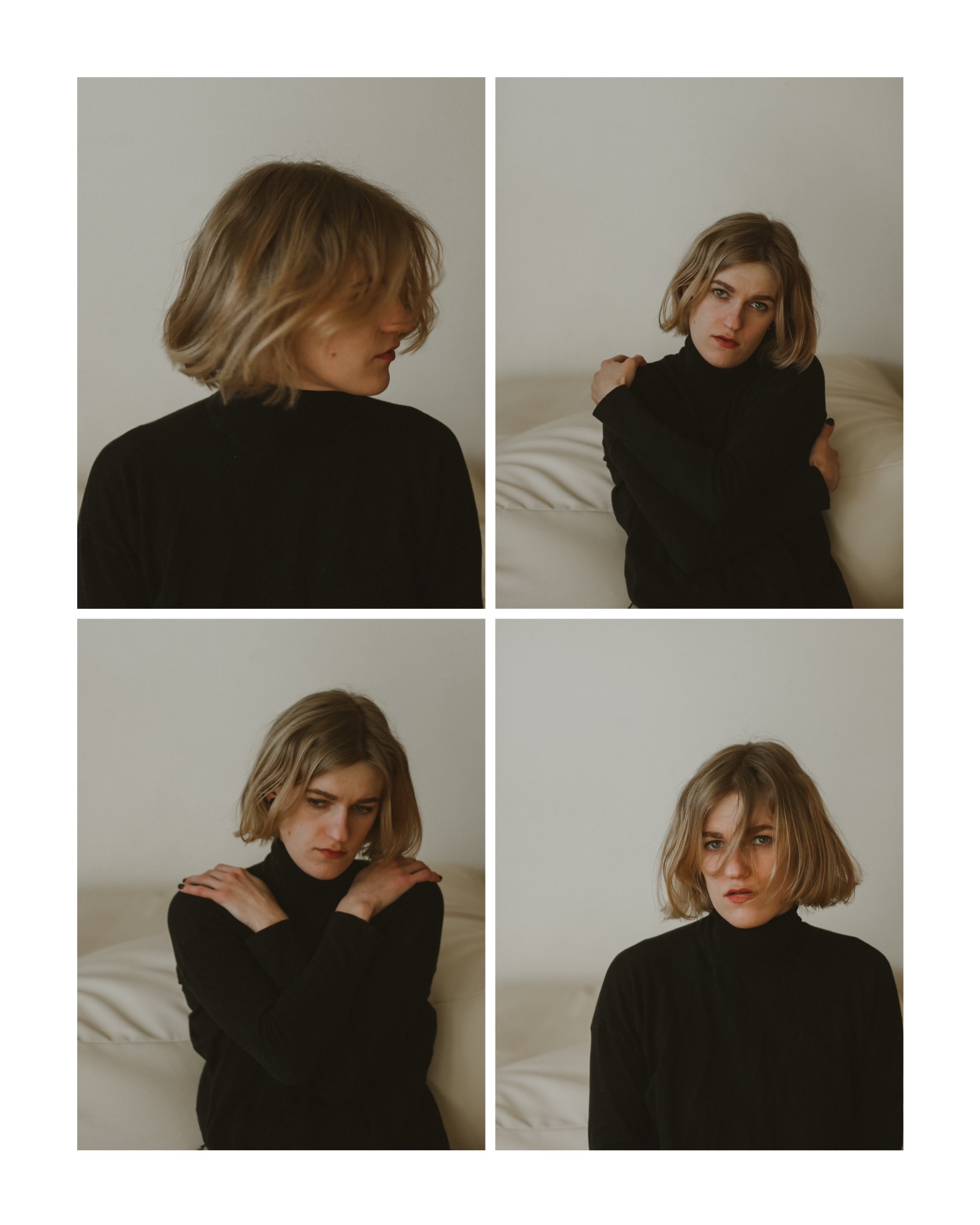 Cztery kadry portretowe kobiety z krótkimi blond włosami w czarnym golfie na jasnym tle, uchwycone w różnych pozach i z różnym wyrazem twarzy.