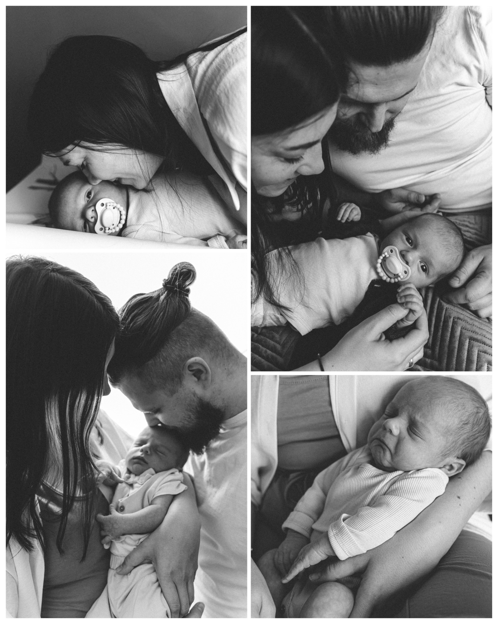 Czarno-biały kolaż przedstawiający rodziców czule opiekujących się noworodkiem, z bliskimi ujęciami całującej mamy i trzymającego ojca.