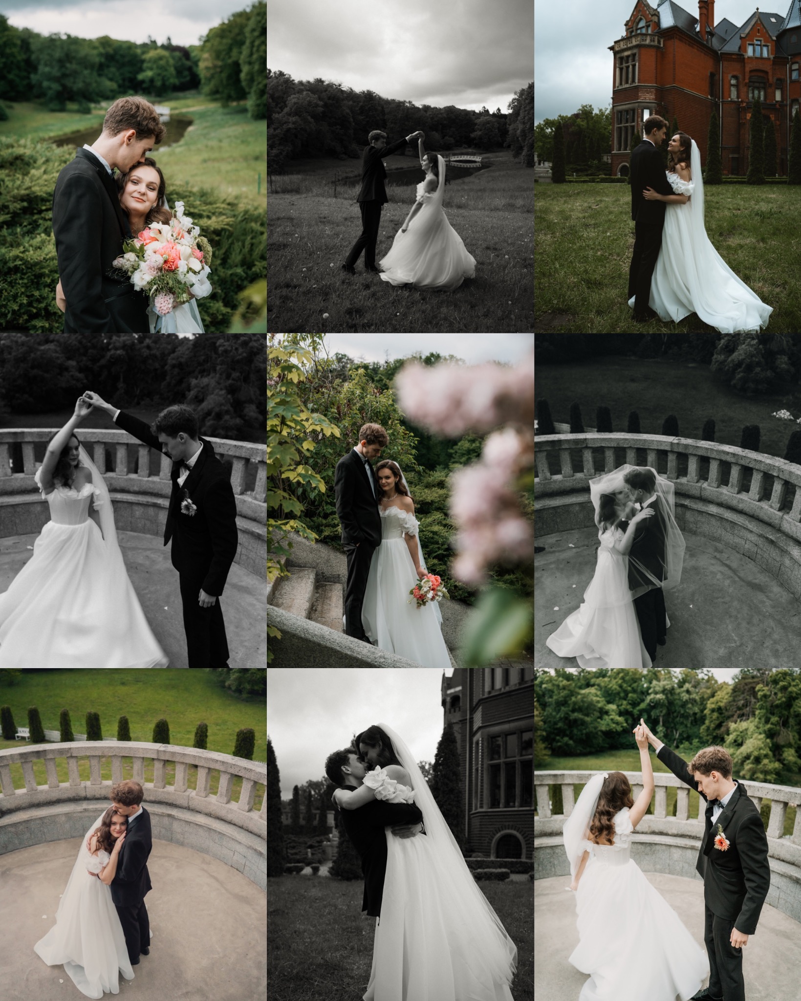 Kolaż z sesji ślubnej: para w różnych ujęciach na tle zieleni, zamku i balustrad. Ujęcia kolorowe i czarno-białe, od romantycznych zbliżeń po dynamiczne tańce.
