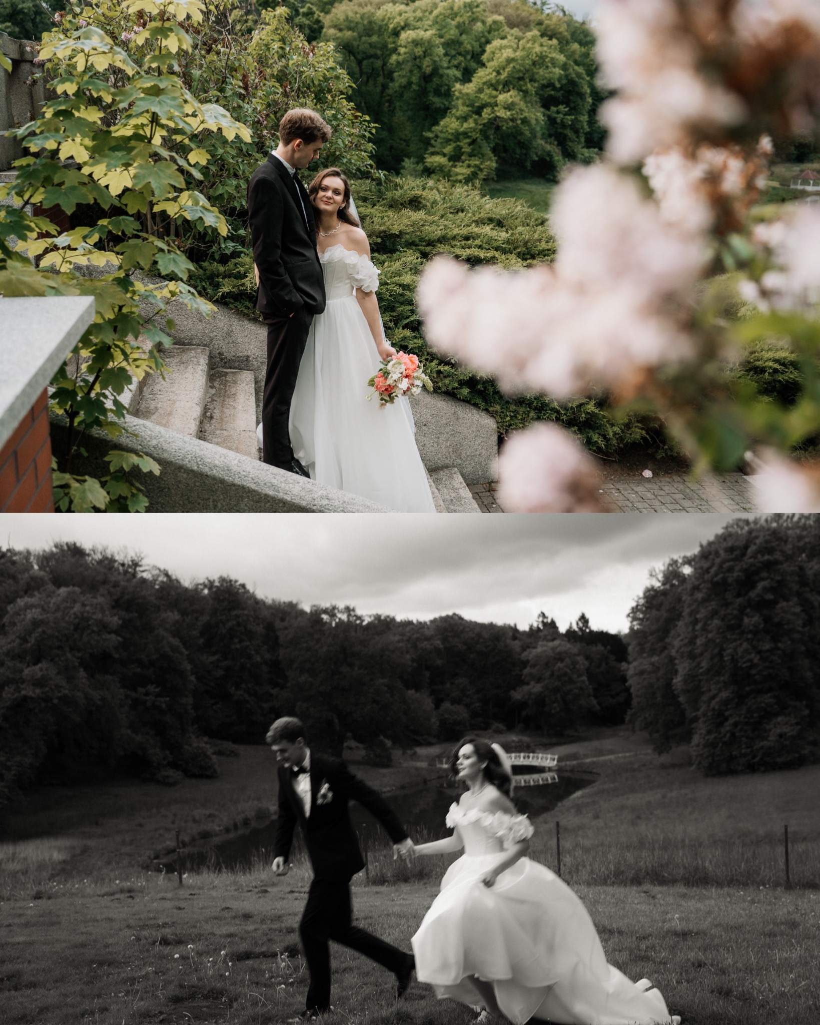 Ujęcie ślubne: para młoda na kamiennych schodach w otoczeniu zieleni. W tle park, na dole czarno-białe zdjęcie pary biegnącej po łące.