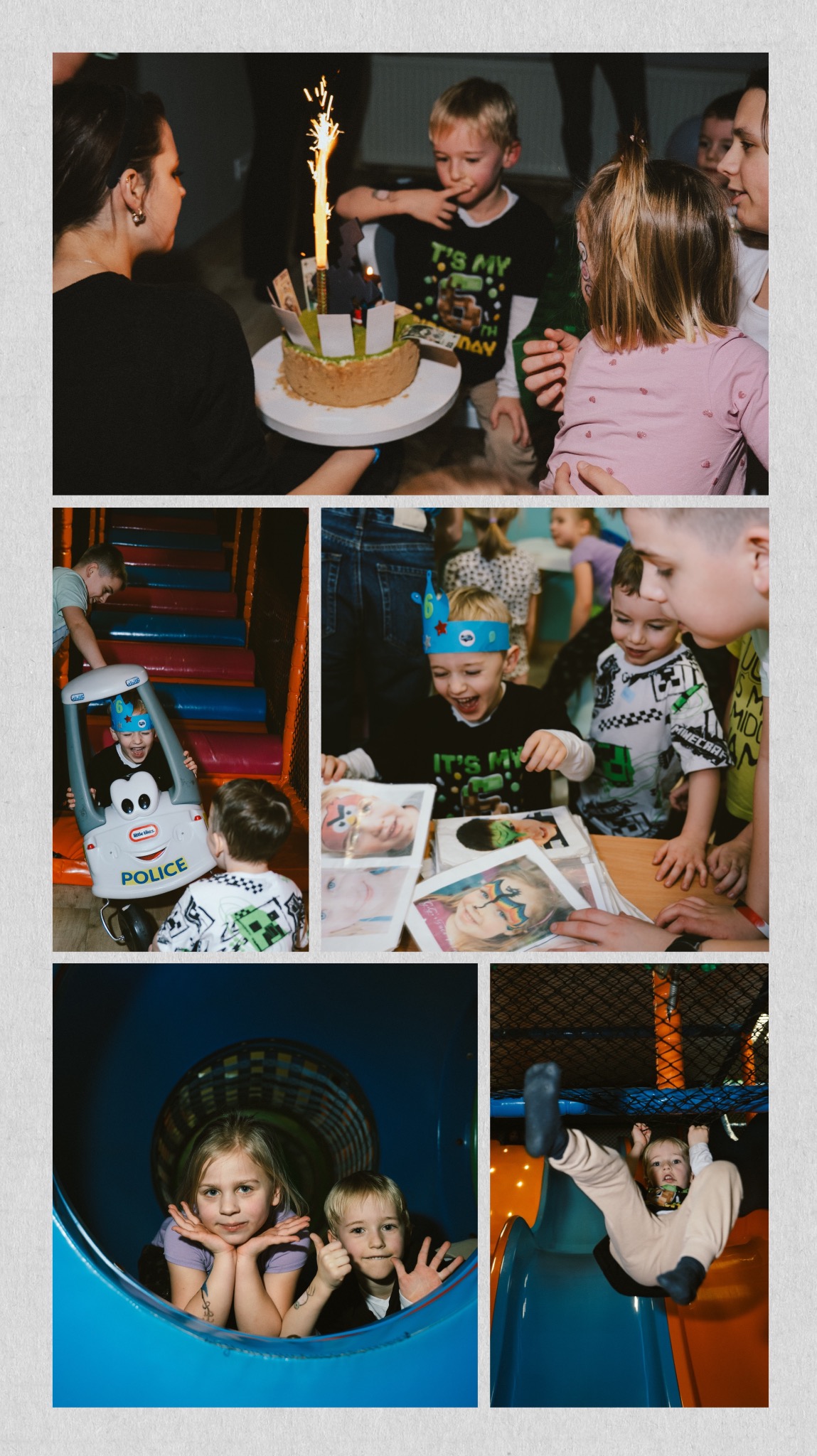 Kolaż z urodzin dziecka: tort ze świeczką, dzieci w samochodziku, oglądające zdjęcia z malowaniem twarzy, w tunelu i zjeżdżające na zjeżdżalni w sali zabaw.