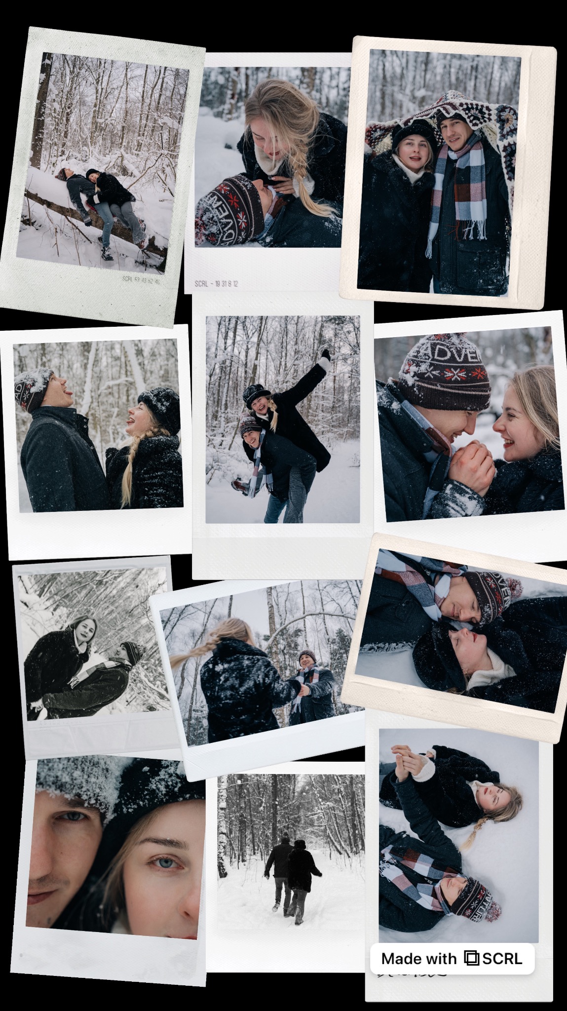 Kolaż polaroidów z zimowej sesji narzeczeńskiej w zasypanym śniegiem lesie. Para w czapkach i kurtkach, uśmiechnięta, w różnych pozach na tle drzew.