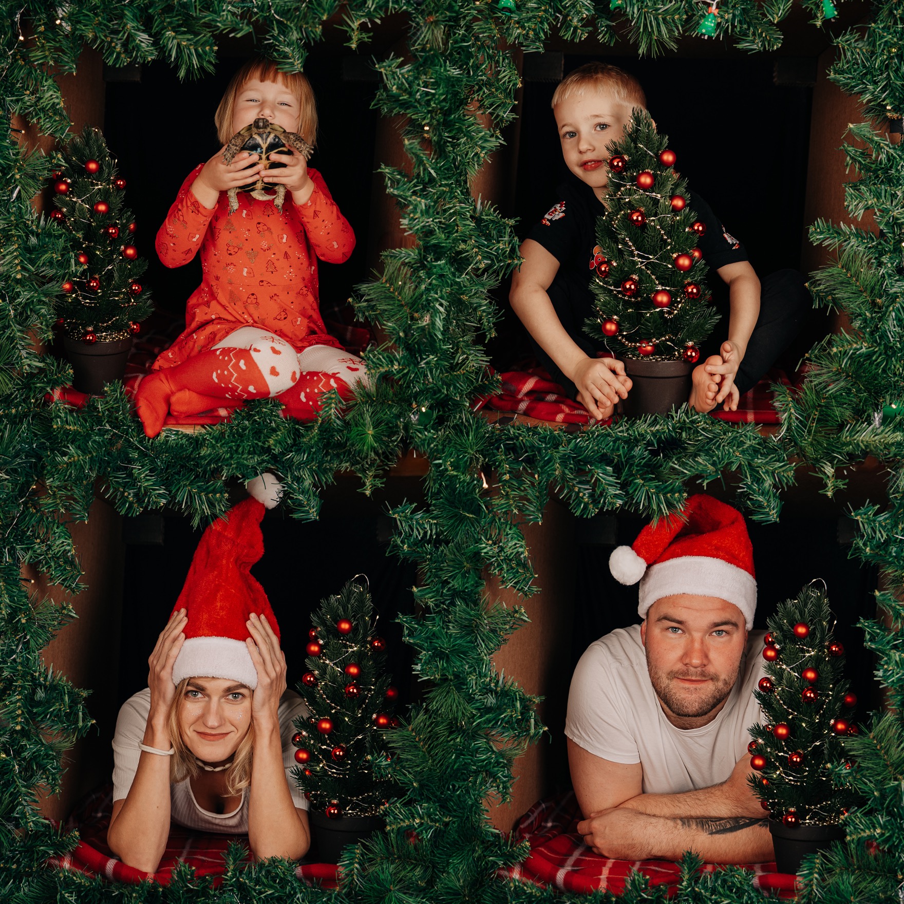 Świąteczna sesja rodzinna w kartonowym domku: rodzice w czapkach Mikołaja, dzieci z choinkami i żółwiem, otoczeni zielonymi gałązkami. Radosna, rodzinna atmosfera.