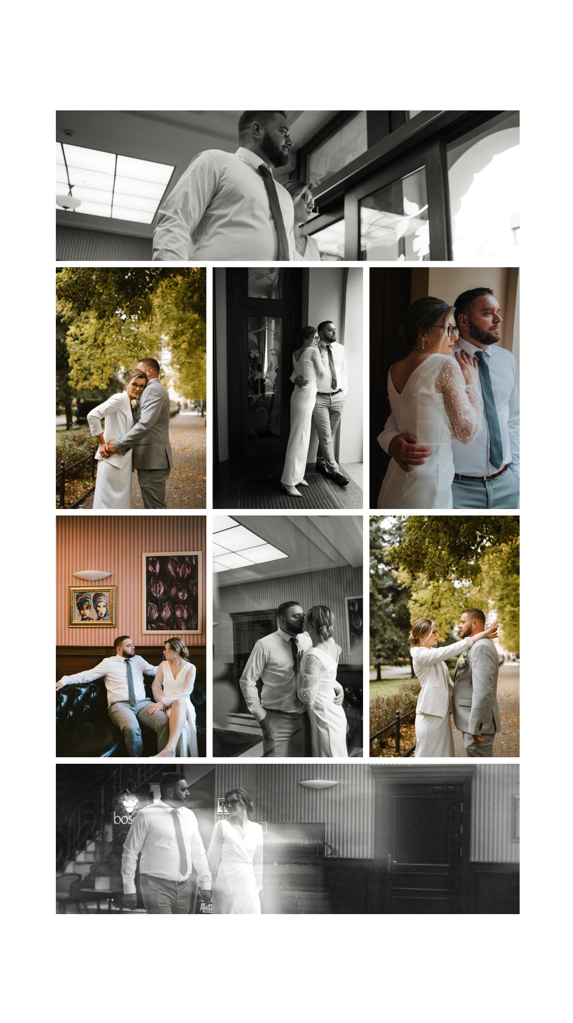 Kolaż z czarno-białych i kolorowych zdjęć pary młodej w różnych sceneriach: park, wnętrze, różne ujęcia i pozy, detale ubioru. Romantyczna atmosfera.