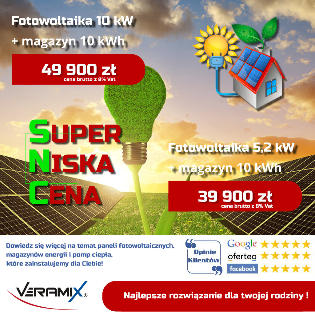Grafika reklamowa z informacją o ofercie na instalacje fotowoltaiczne 10 kW i 5,2 kW z magazynem energii, prezentująca ceny i logo firmy Veramix.