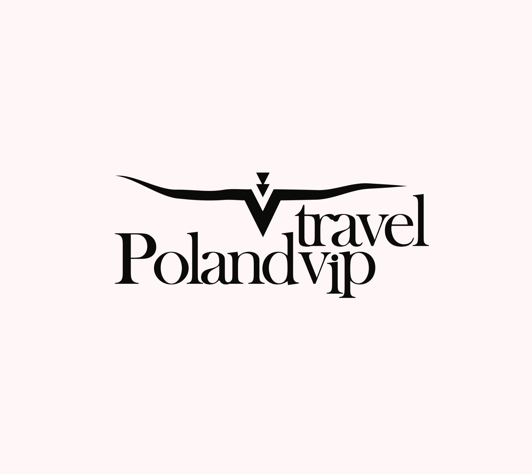 Eleganckie logo firmy Poland VIP Travel z abstrakcyjnym symbolem ptaka nad nazwą, utrzymane w czerni na jasnym tle.