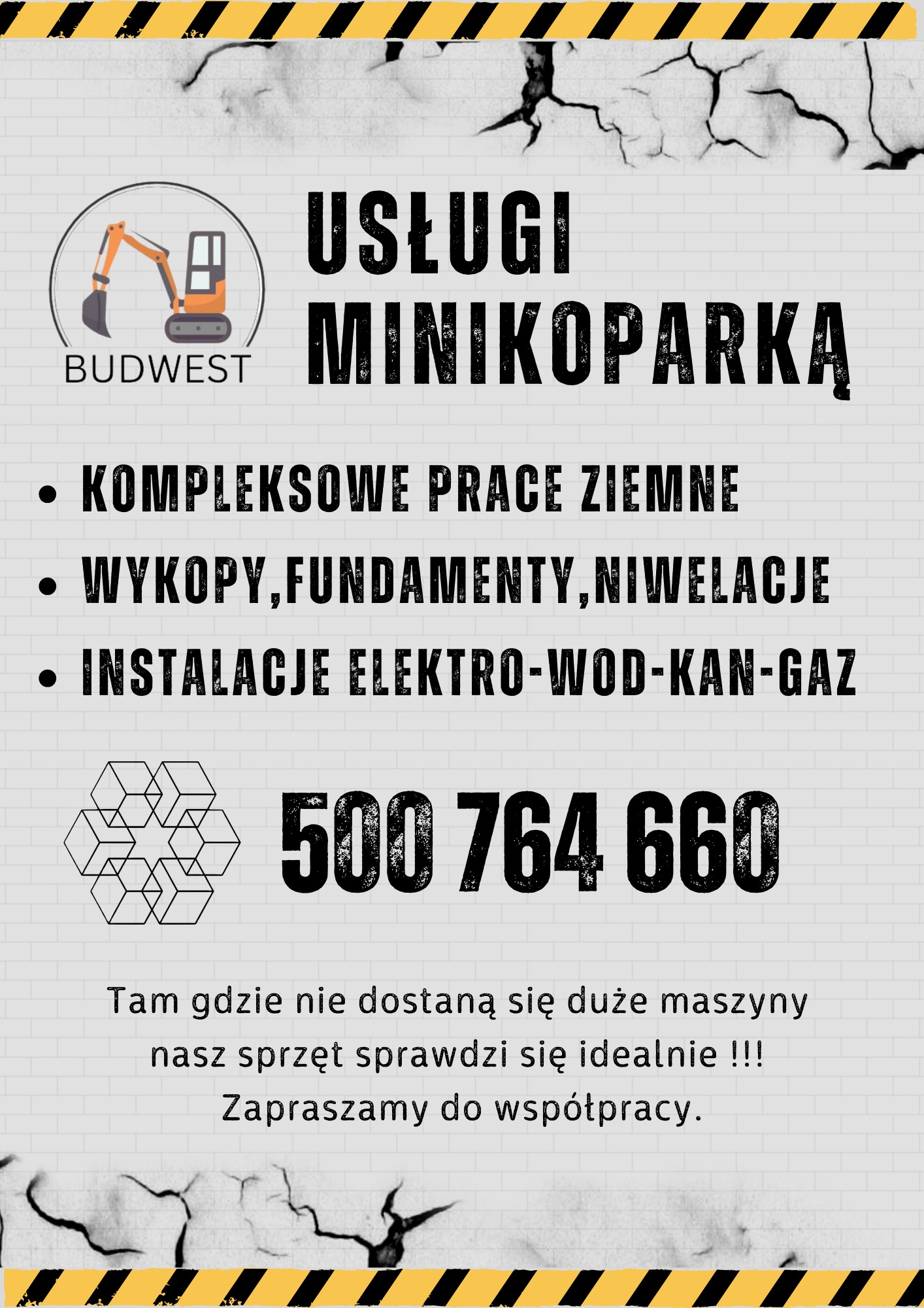 Grafika reklamowa z logo firmy Budwest, oferującej usługi minikoparką, kompleksowe prace ziemne, wykopy, fundamenty, niwelacje oraz instalacje elektro-wodno-kanalizacyjne i gazowe. Widoczny numer...