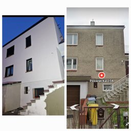 Wójcik tynki - Porównanie elewacji budynku przed i po remoncie: część budynku z prawej strony z szarą, chropowatą elewacją, a z lewej strony budynek z białą, gładką elewacją po remoncie. Na schodach widoczne...