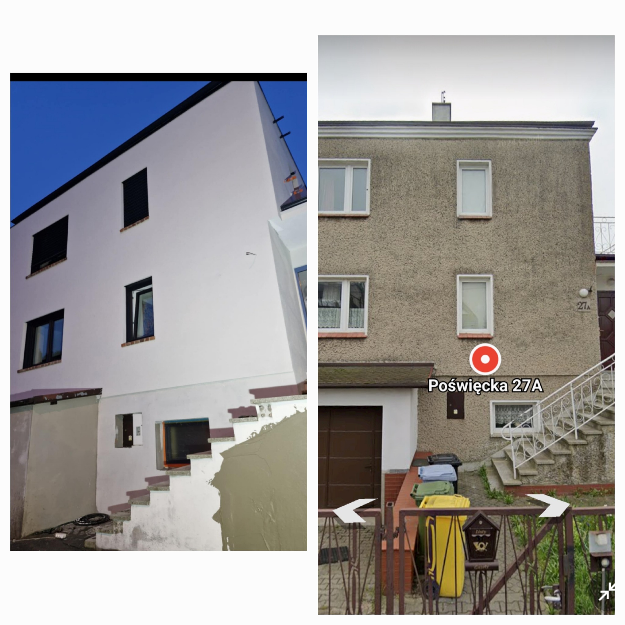 Porównanie elewacji budynku przed i po remoncie: część budynku z prawej strony z szarą, chropowatą elewacją, a z lewej strony budynek z białą, gładką elewacją po remoncie. Na schodach widoczne...
