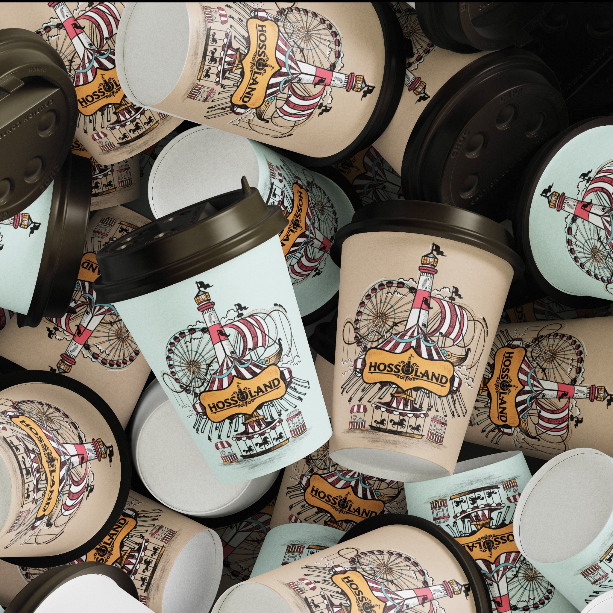 Stos papierowych kubków z brązowymi pokrywkami, ozdobionych ilustracjami w stylu vintage przedstawiającymi wesołe miasteczko i logo 'Hossoland'.