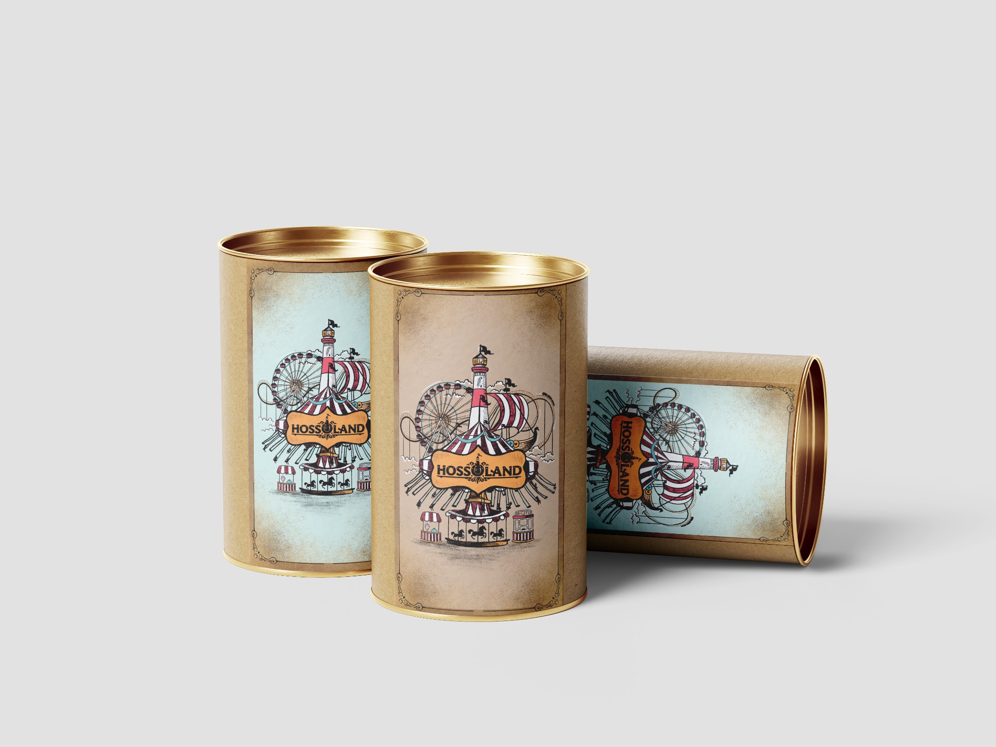 Trzy metalowe puszki z identycznym, ręcznie rysowanym motywem lunaparku w stylu vintage i logo Hossoland, dwie stojące pionowo, jedna leżąca poziomo.