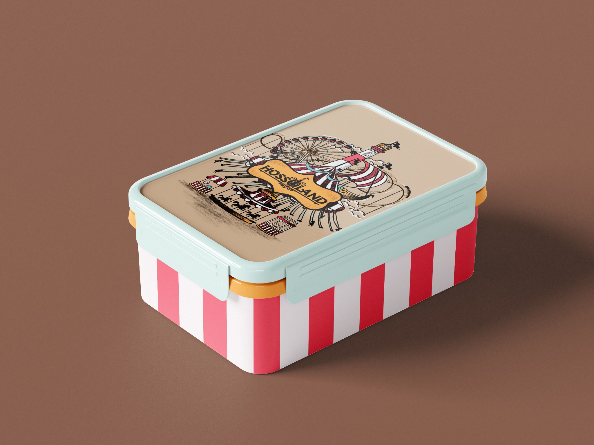 Lunchbox z identyfikacją wizualną Hossoland, przedstawiającą karuzelę, diabelski młyn i latarnię morską w stylu retro.