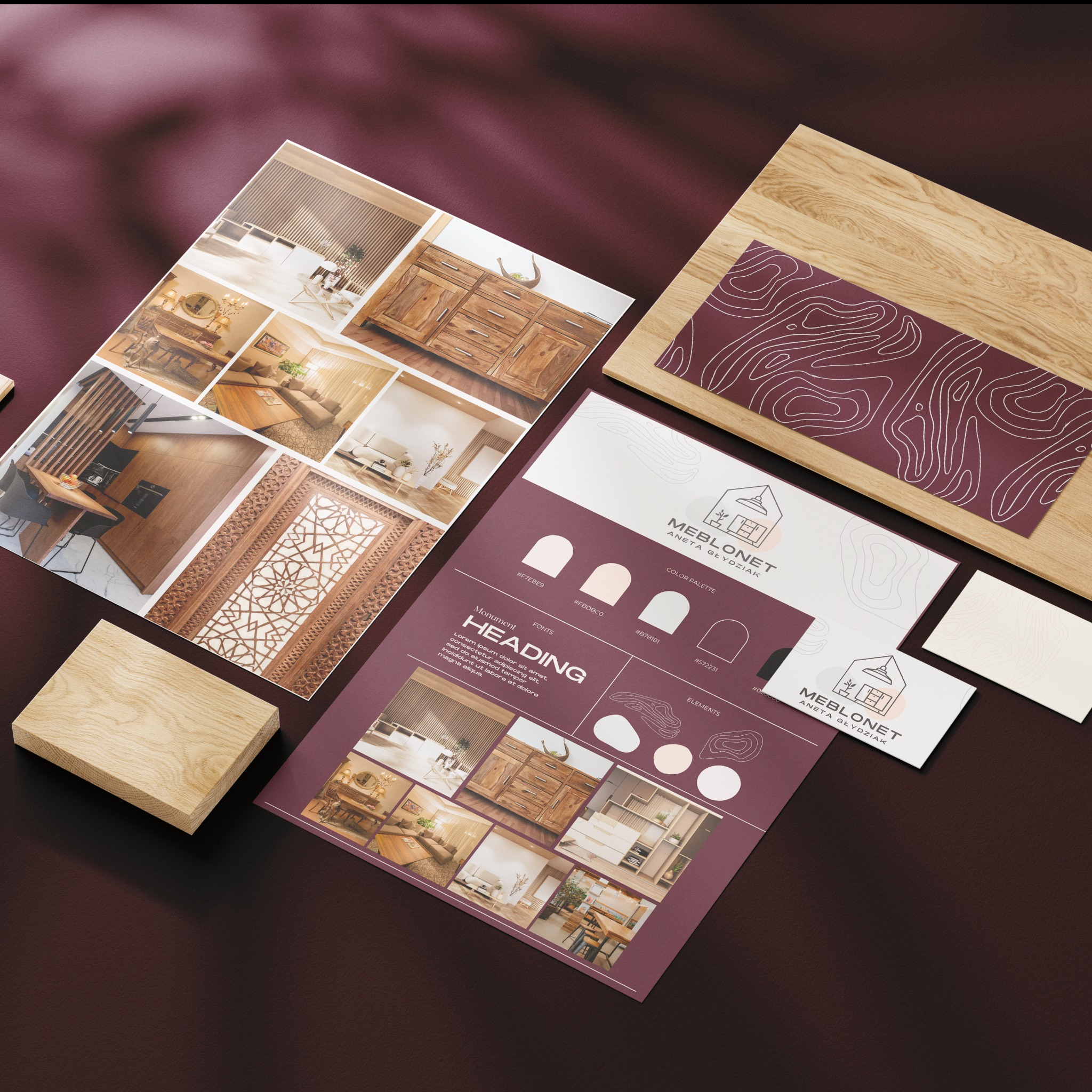 Materiały identyfikacji wizualnej Mebline: folder z kolażem zdjęć wnętrz, wizytówka, próbnik kolorów i drewniane elementy na ciemnym tle.