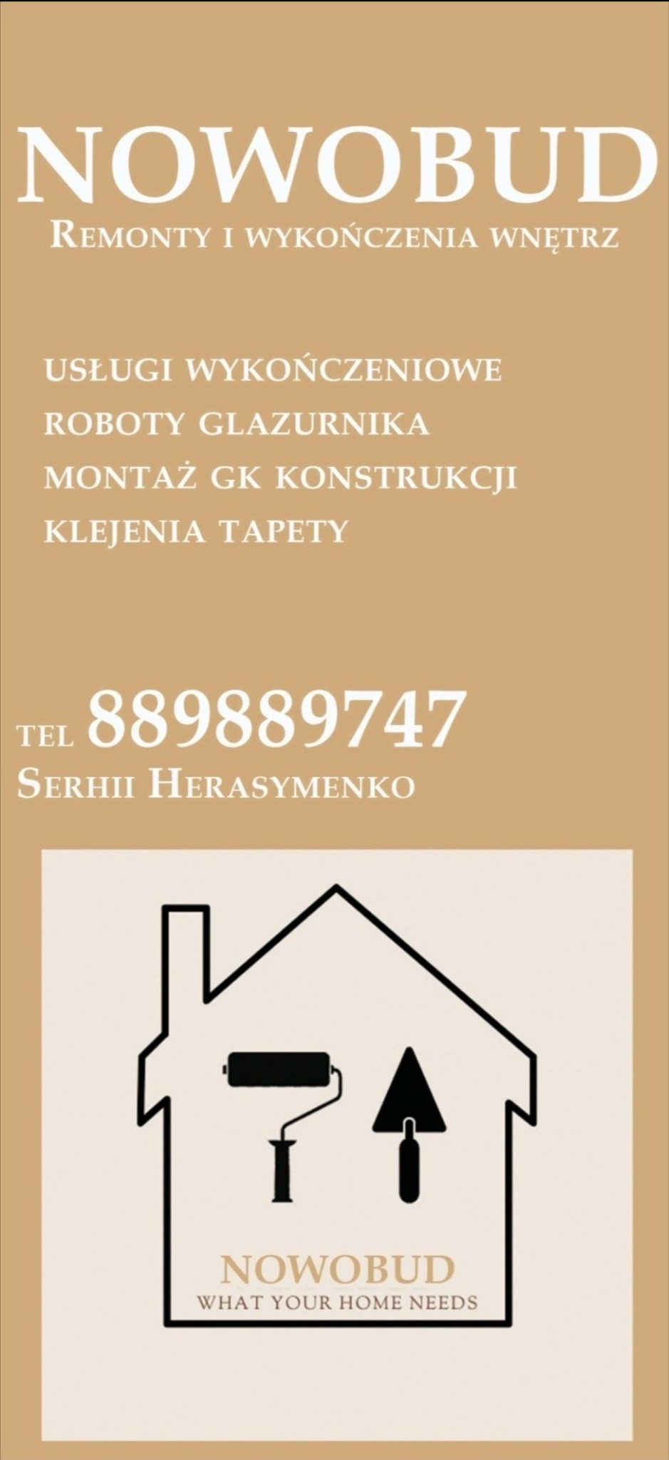 Wizytówka firmy remontowej Nowobud z numerem telefonu i zakresem usług: usługi wykończeniowe, roboty glazurnika, montaż GK konstrukcji, klejenie tapety. Grafika przedstawia zarys domu z wałkiem...