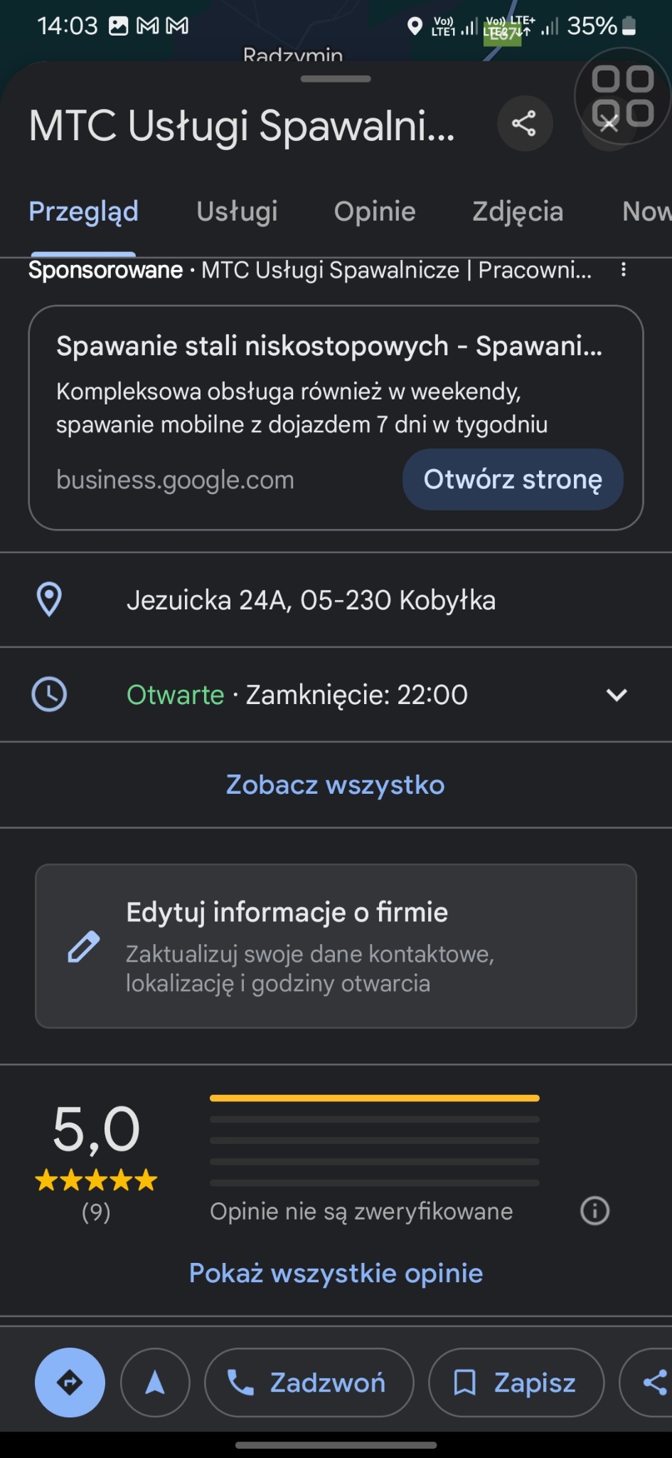 Zrzut ekranu strony wizytówki firmy MTC Usługi Spawalnicze w Google, z informacjami o spawaniu stali niskostopowych, godzinach otwarcia i oceną 5.0.