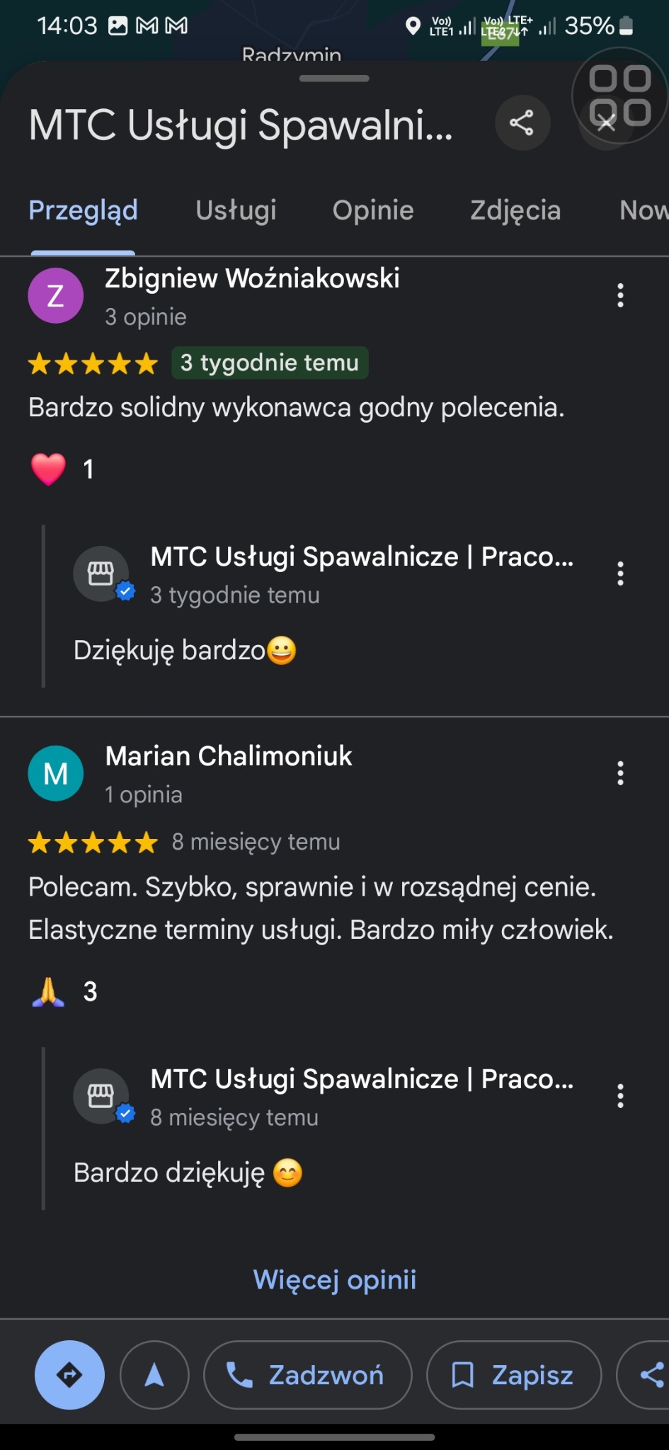 Zrzut ekranu z opiniami klientów na temat usług spawalniczych firmy MTC Usługi Spawalnicze, widoczne pozytywne recenzje z oceną pięciogwiazdkową i komentarzami chwalącymi solidność wykonania...