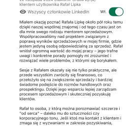 RAFAŁ LIPKA SZKOLENIA - Referencja od zadowolonego klienta, Sławomira Oruby, na temat współpracy z Rafałem Lipką w zakresie poprawy wyników sprzedaży. Tekst zawiera szczegóły dotyczące korzyści z mentoringu sprzedażowego...
