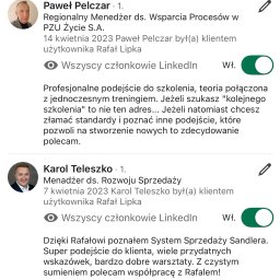 RAFAŁ LIPKA SZKOLENIA - Referencje dwóch menedżerów, Pawła Pelczara i Karola Teleszko, na temat profesjonalnego podejścia do szkolenia i systemu sprzedaży Sandlera, z ich zdjęciami profilowymi i informacją o byciu...