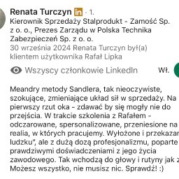 RAFAŁ LIPKA SZKOLENIA - Opinia Renaty Turczyn o szkoleniu sprzedażowym z Rafałem Lipką, udostępniona na LinkedIn, podkreślająca profesjonalizm i praktyczne podejście.