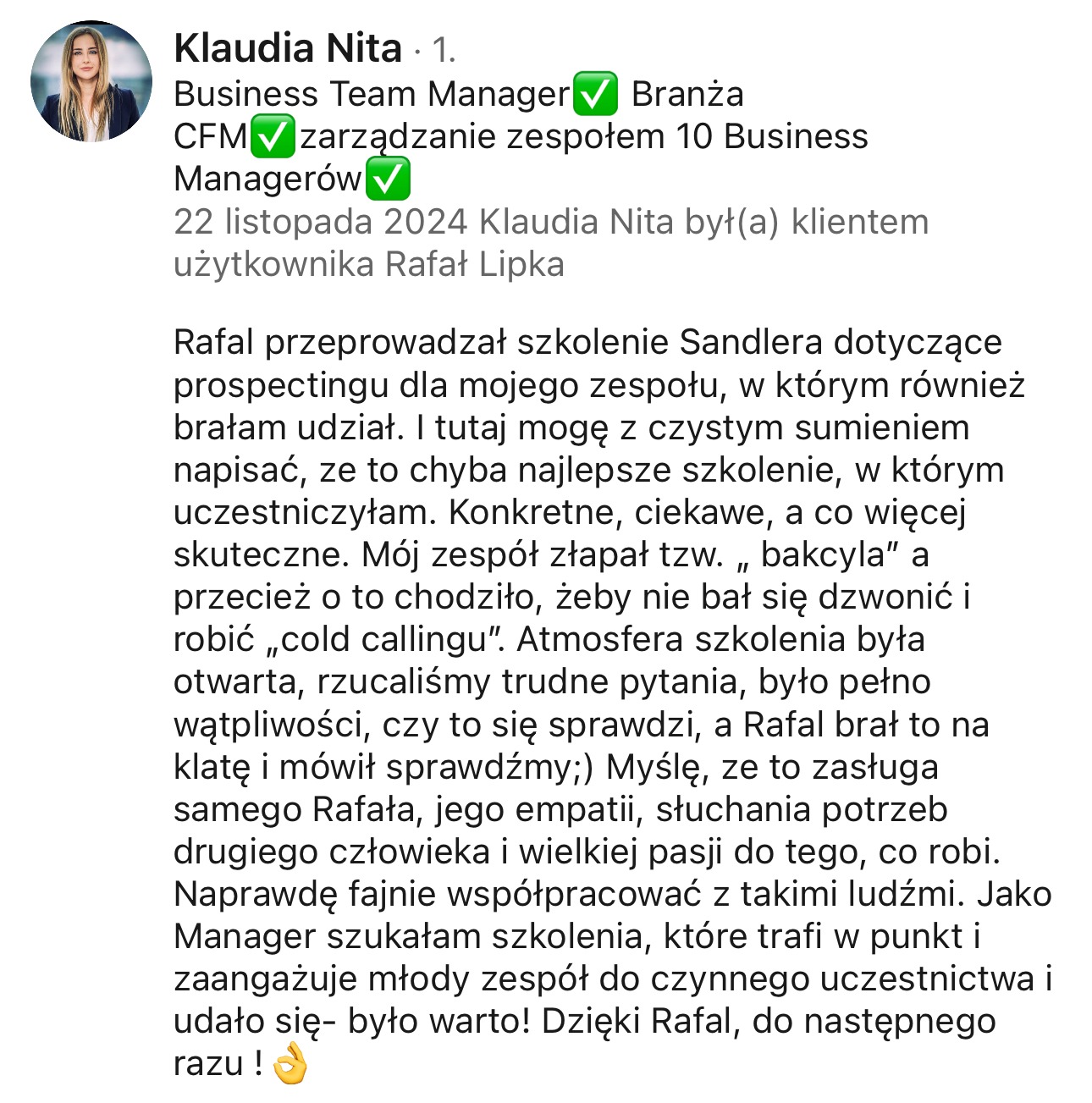 Skan referencji od zadowolonej klientki, Klaudii Nity, po szkoleniu Sandlera dotyczącym prospecting dla jej zespołu, z pochwałami dla Rafała Lipki.