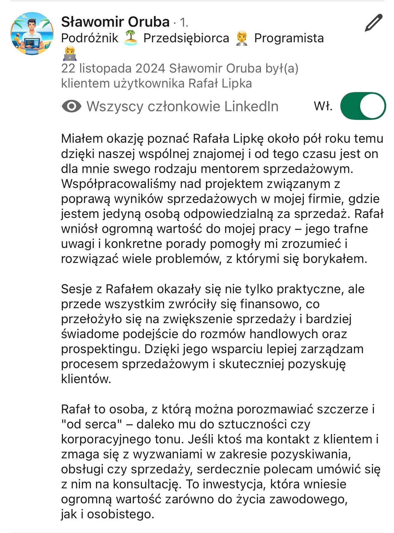 Referencja od zadowolonego klienta, Sławomira Oruby, na temat współpracy z Rafałem Lipką w zakresie poprawy wyników sprzedaży. Tekst zawiera szczegóły dotyczące korzyści z mentoringu sprzedażowego...
