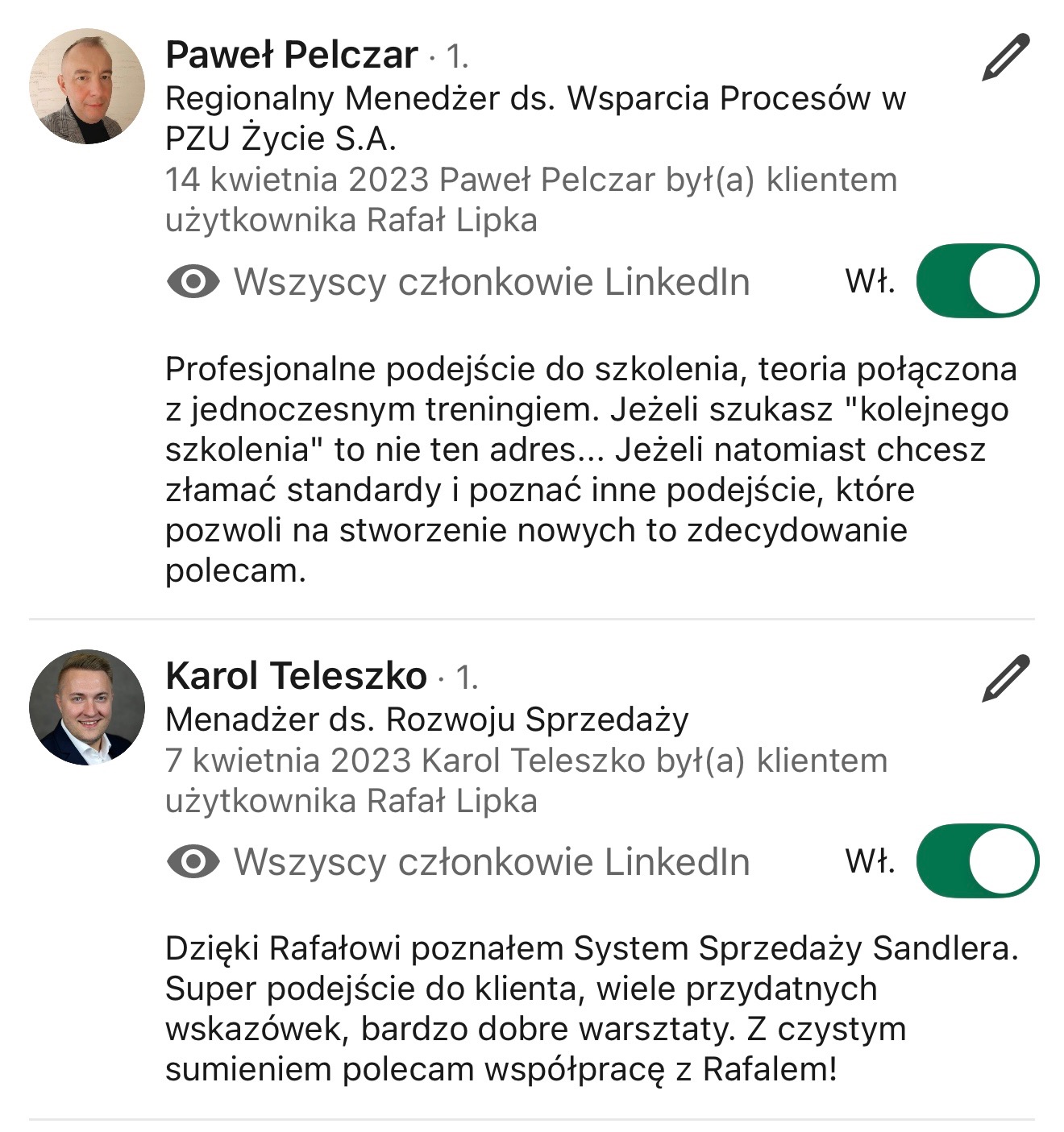 Referencje dwóch menedżerów, Pawła Pelczara i Karola Teleszko, na temat profesjonalnego podejścia do szkolenia i systemu sprzedaży Sandlera, z ich zdjęciami profilowymi i informacją o byciu...