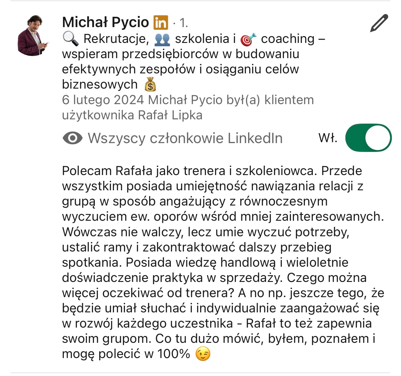 Rekomendacja trenera i szkoleniowca Rafała na LinkedIn przez Michała Pycio, podkreślająca umiejętność nawiązywania relacji z grupą i wiedzę handlową.