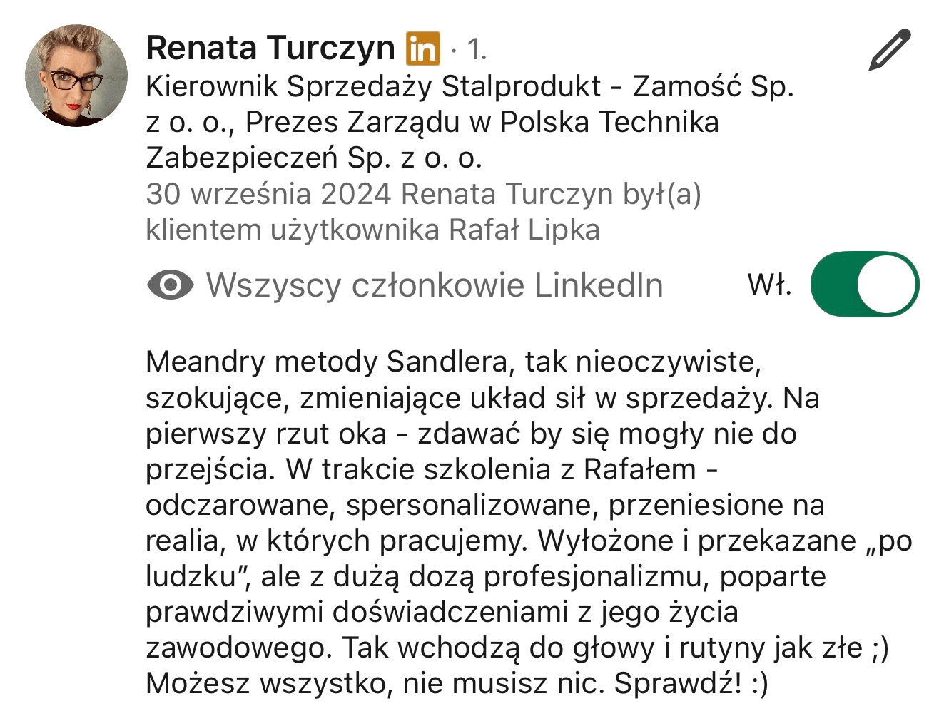 Opinia Renaty Turczyn o szkoleniu sprzedażowym z Rafałem Lipką, udostępniona na LinkedIn, podkreślająca profesjonalizm i praktyczne podejście.
