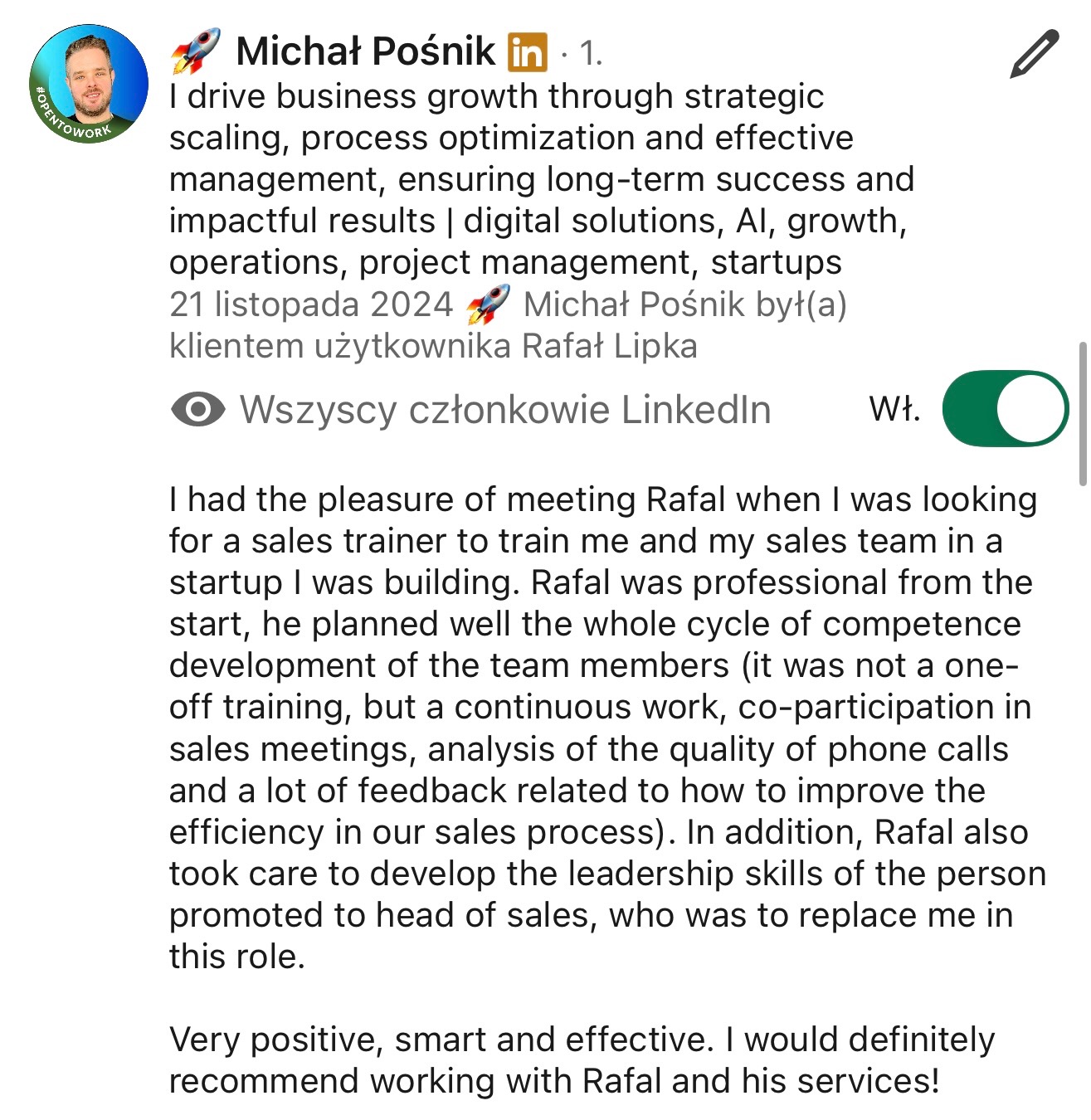 Zrzut ekranu rekomendacji na LinkedIn dla trenera biznesu Rafała Lipki, z profilu Michała Pośnika, opisującego korzyści ze współpracy, w tym rozwój kompetencji zespołu, analizę rozmów sprzedażowych...