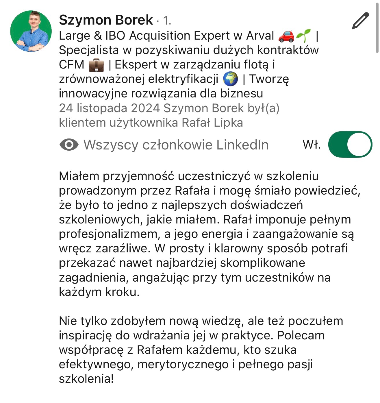 Opinia Szymona Borka na LinkedIn o szkoleniu Rafała Lipki, podkreślająca profesjonalizm, energię i umiejętność przekazywania wiedzy w angażujący sposób.