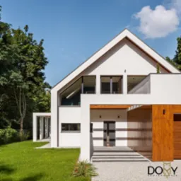 Nowoczesny, biały dom z dwuspadowym dachem, dużymi oknami i drewnianą wstawką garażową, otoczony zielenią i trawnikiem, widok z przodu w słoneczny dzień.