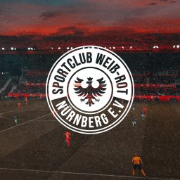 Waran Studio - Zdjęcie stadionu piłkarskiego z nałożonym okrągłym logo klubu sportowego z orłem w środku i napisem SPORTCLUB WEIB-ROT NÜRNBERG E.V.