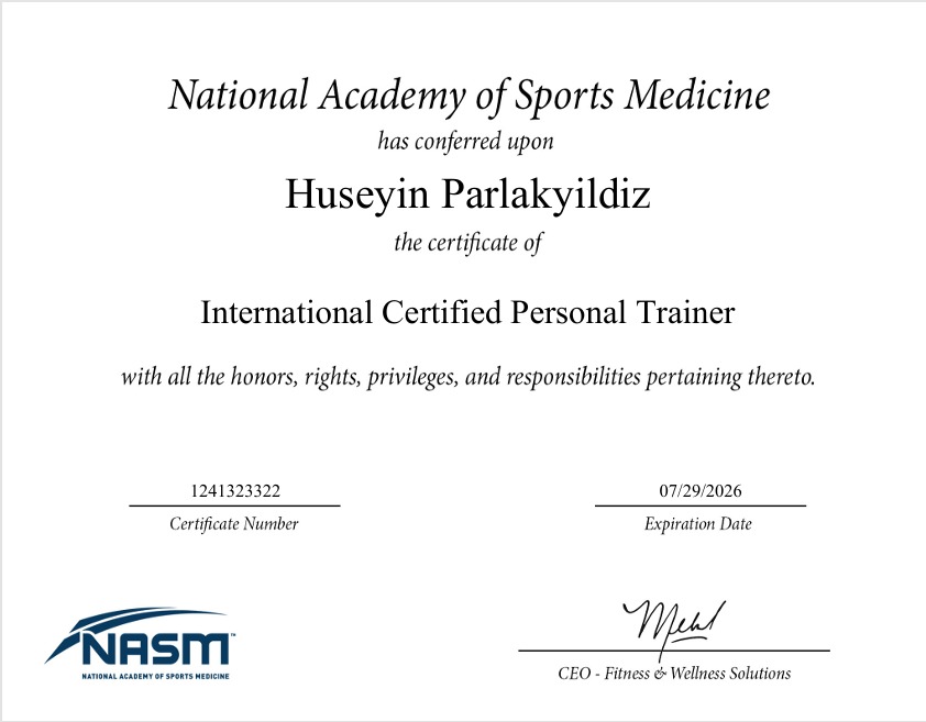 Certyfikat International Certified Personal Trainer wydany przez National Academy of Sports Medicine dla Huseyin Parlakyildiz, z numerem certyfikatu i datą ważności.