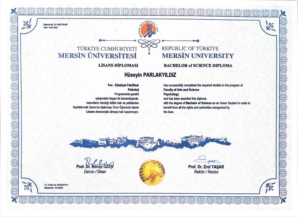 Skan dyplomu Bachelor of Science z psychologii, wydany przez Mersin University w Turcji, z ozdobnymi ramkami i podpisami dziekana i rektora.