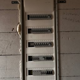 Kamil Sułkowski - Rozdzielnica elektryczna z zabezpieczeniami zamontowana na ścianie z betonu komórkowego, widoczne ślady pianki montażowej i odręczne napisy na ścianie.