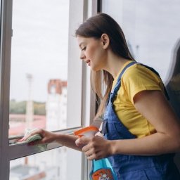 Komfort - Kobieta w niebieskim kombinezonie i żółtej koszulce czyści okno szmatką i spryskiwaczem, widok na budynki za oknem.
