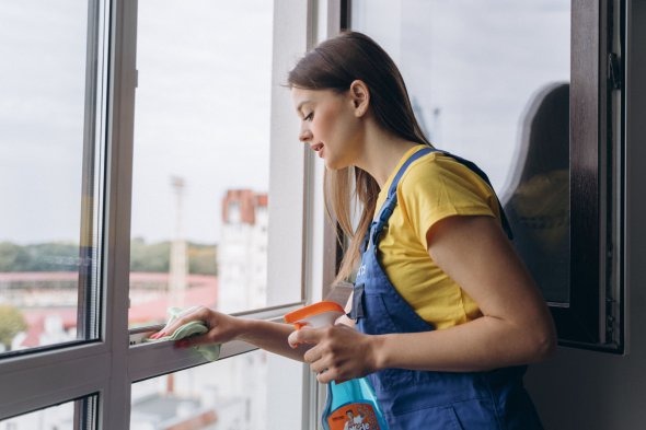 Kobieta w niebieskim kombinezonie i żółtej koszulce czyści okno szmatką i spryskiwaczem, widok na budynki za oknem.