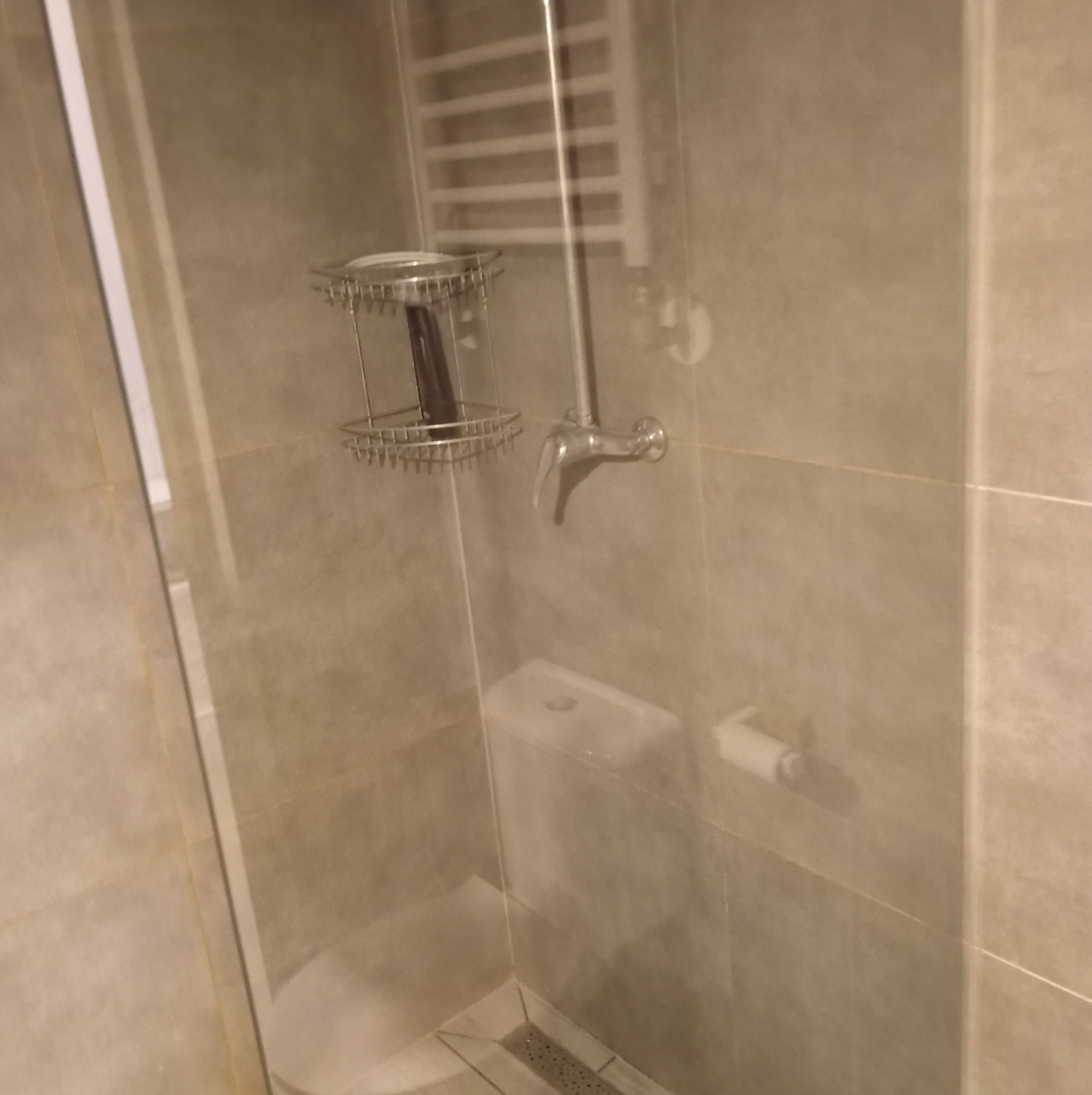 Wnętrze kabiny prysznicowej wyłożonej beżowymi płytkami, z widoczną półką na kosmetyki, baterią i grzejnikiem drabinkowym.