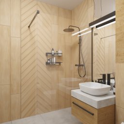 Zulo Design - Wizualizacja łazienki z kabiną prysznicową typu walk-in, umywalką nablatową na szafce z drewnianym frontem i geometrycznym wzorem na ścianach. Czarna armatura i oświetlenie. Widoczne logo...