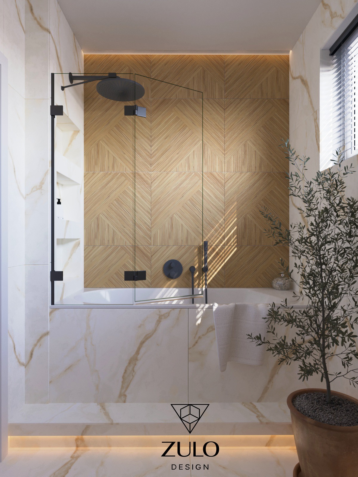 Nowoczesna łazienka z wanną obudowaną marmurem, kabiną prysznicową z czarnymi profilami i deszczownicą, drewnianą ścianą w jodełkę, oraz rośliną w doniczce.