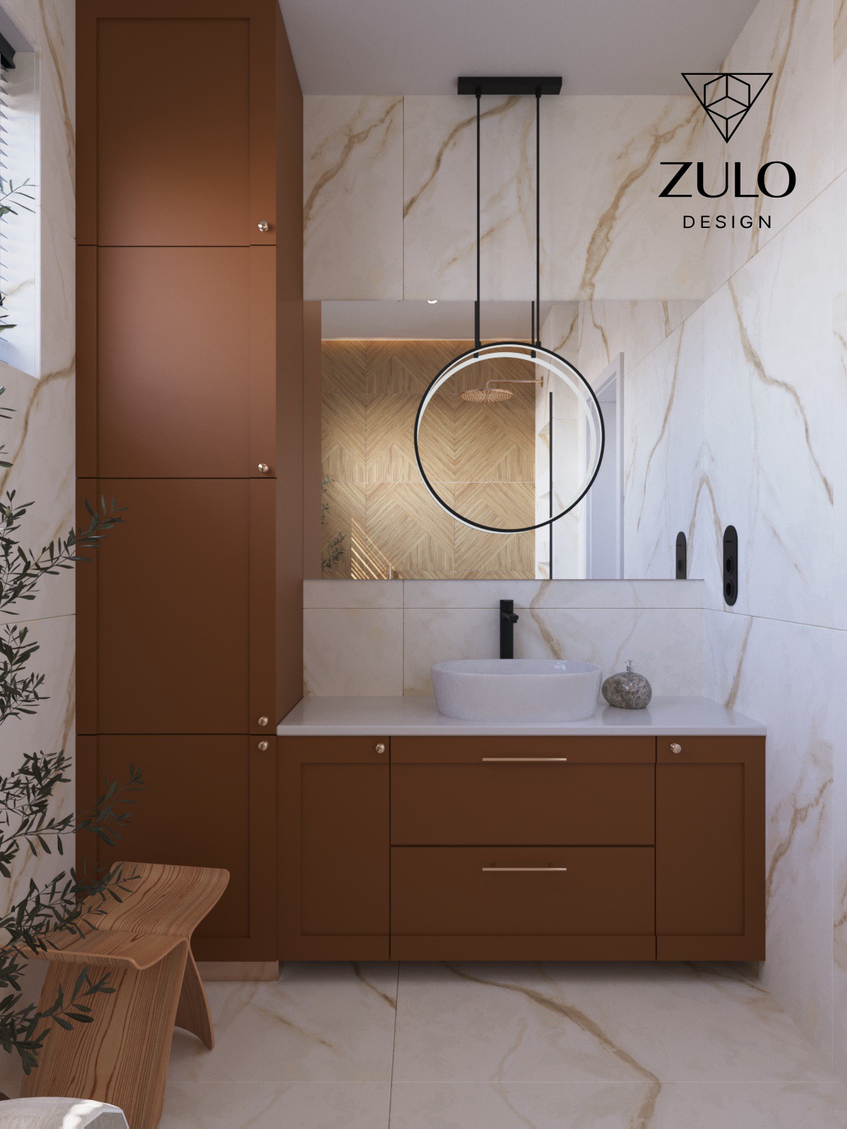 Nowoczesna łazienka z brązowymi szafkami, okrągłym lustrem z podświetleniem i marmurowymi płytkami, uzupełniona drewnianym stołkiem i rośliną w doniczce.