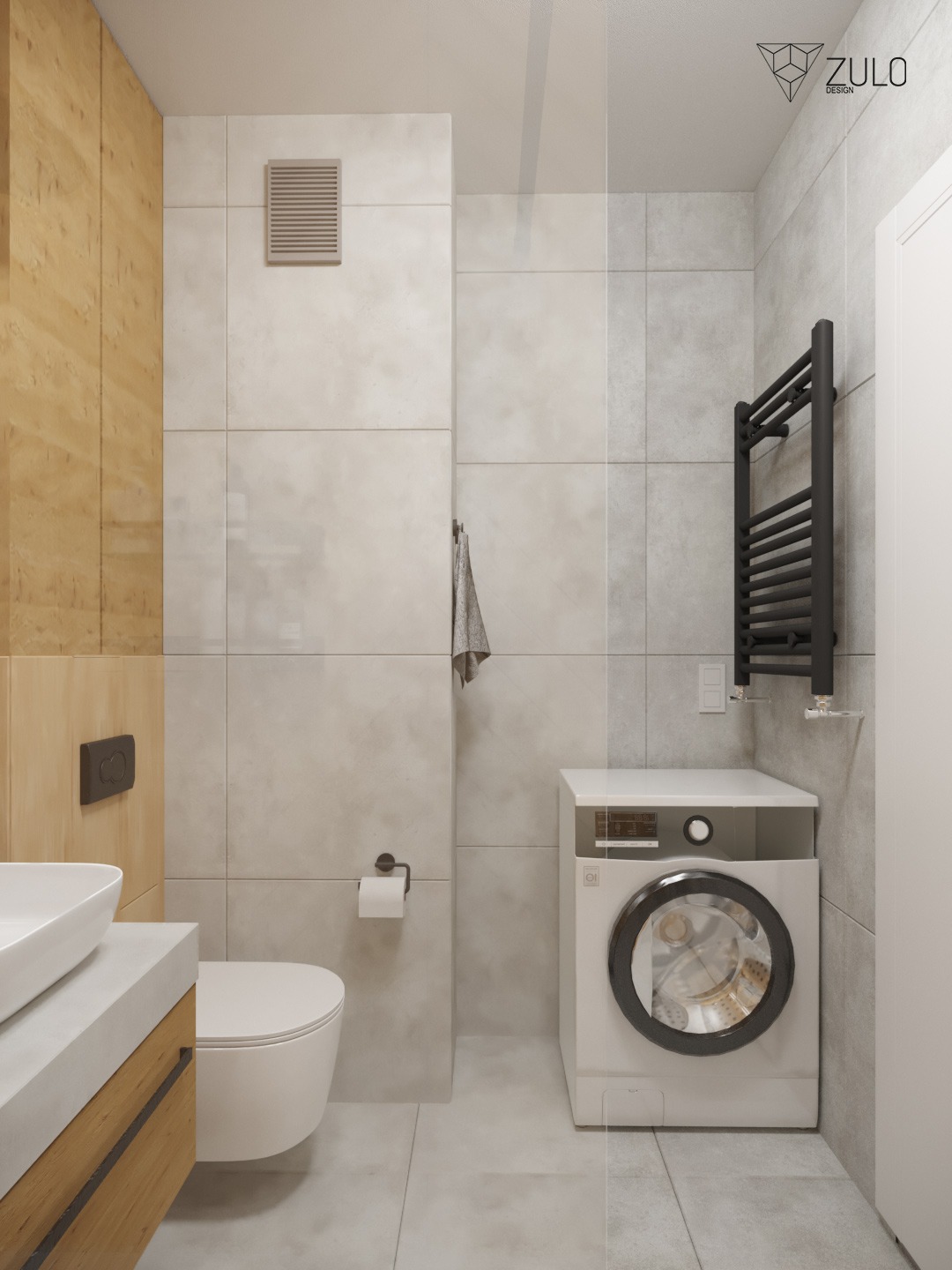 Wizualizacja łazienki z pralką pod blatem, drewnianą zabudową umywalki, szarą płytką i czarnym grzejnikiem drabinkowym.