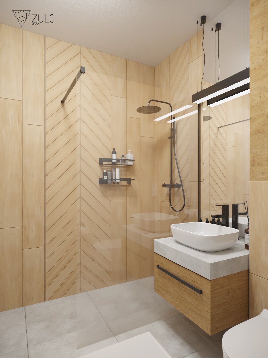 Wizualizacja łazienki z kabiną prysznicową typu walk-in, umywalką nablatową na szafce z drewnianym frontem i geometrycznym wzorem na ścianach. Czarna armatura i oświetlenie. Widoczne logo...