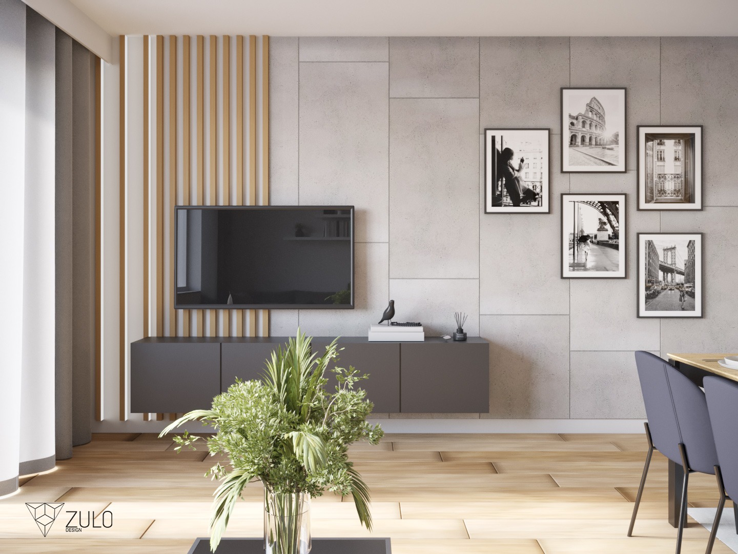 Nowoczesny salon z szarą szafką RTV, telewizorem, betonową ścianą z czarno-białymi fotografiami, drewnianymi lamelami i jasną drewnianą podłogą, oświetlony naturalnym światłem.