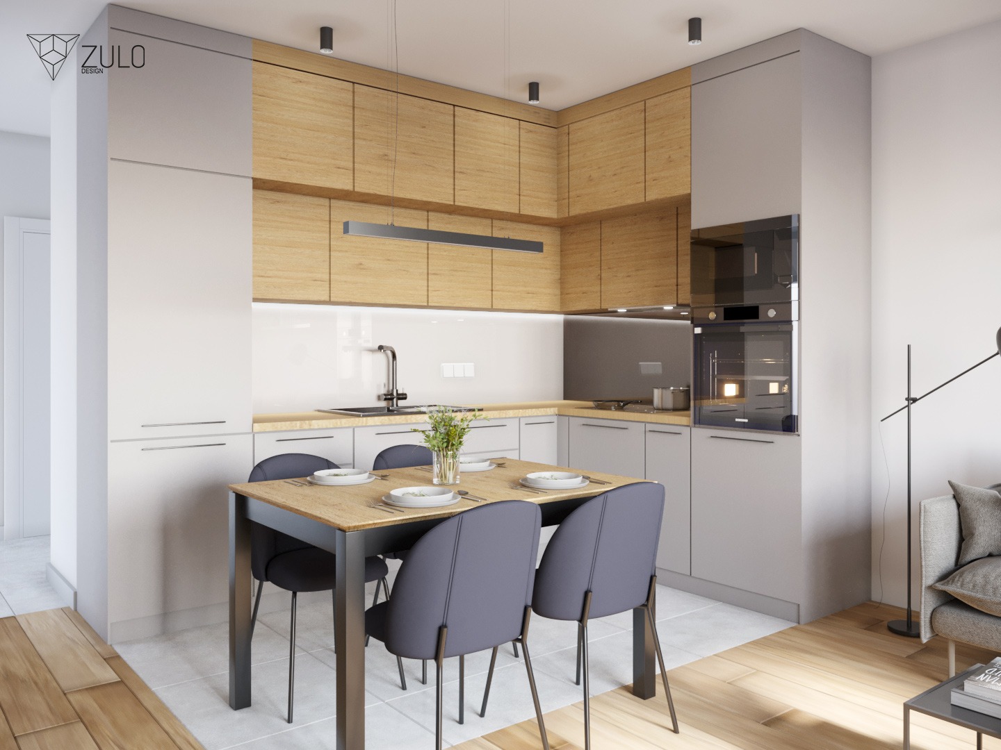 Nowoczesna kuchnia z drewnianymi i szarymi szafkami, stołem z czterema krzesłami, oświetleniem LED i sprzętem AGD w zabudowie.
