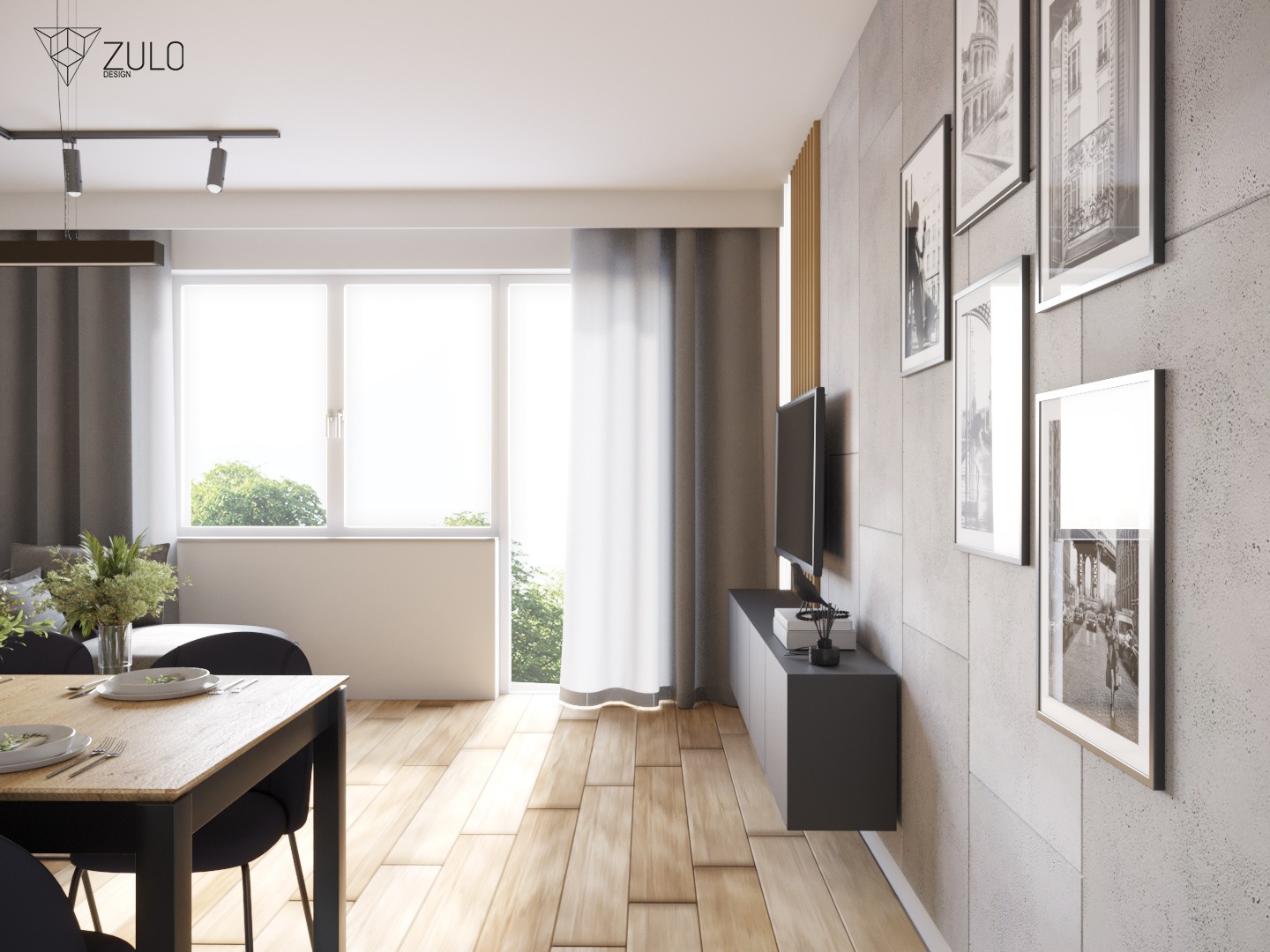 Nowoczesne wnętrze mieszkania z drewnianą podłogą, betonową ścianą z czarno-białymi fotografiami, telewizorem na szafce RTV i stołem jadalnym z czarnymi krzesłami.