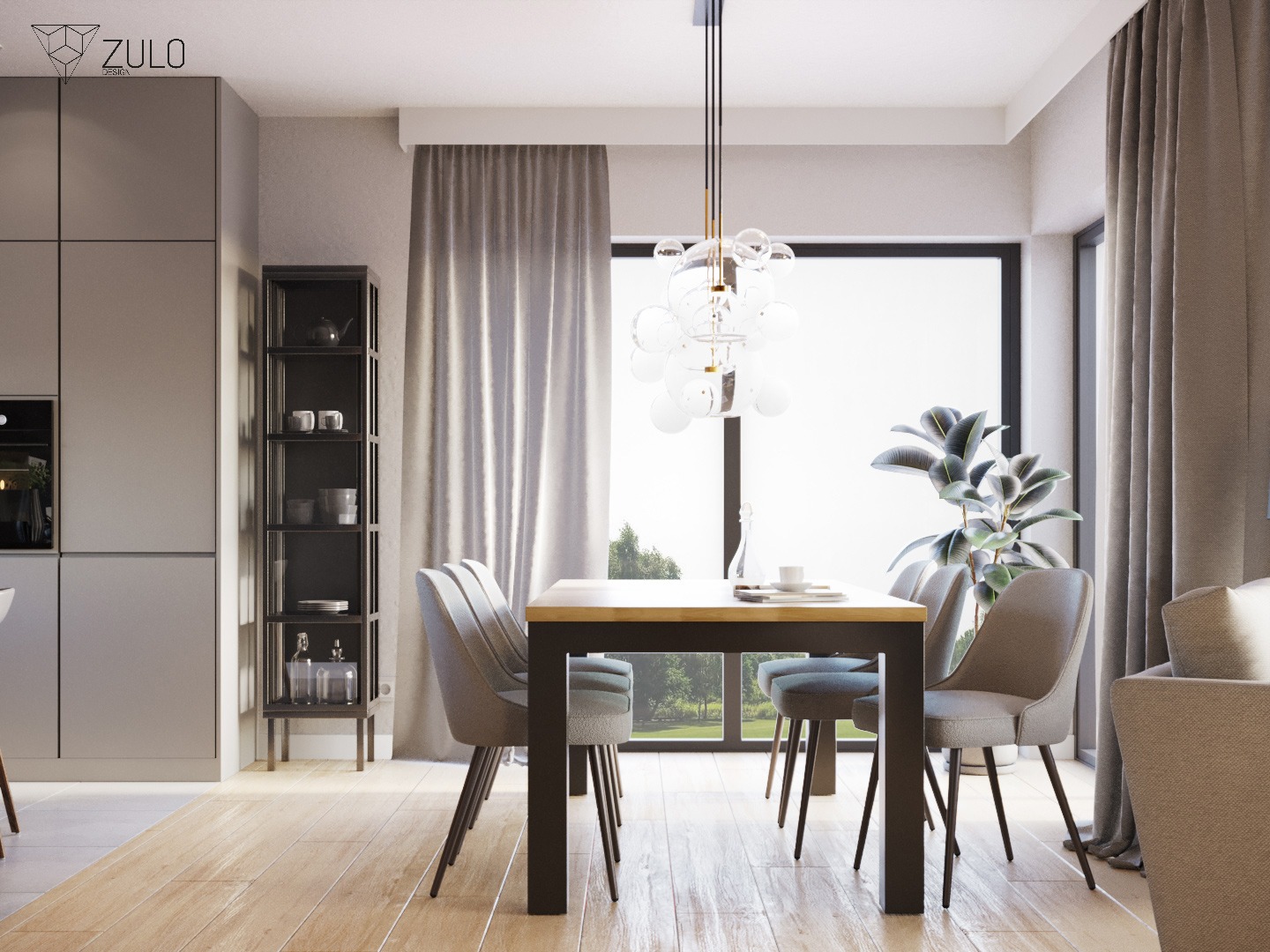 Jadalnia w nowoczesnym stylu z drewnianym stołem, szarymi krzesłami, szklanym żyrandolem i rośliną w tle, oświetlona naturalnym światłem wpadającym przez duże okno.