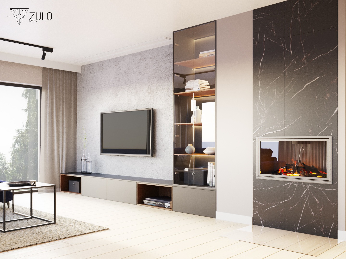 Nowoczesny salon z szarą ścianą, podświetlanym regałem z dekoracjami, telewizorem i elektrycznym kominkiem w obudowie z czarnego marmuru.